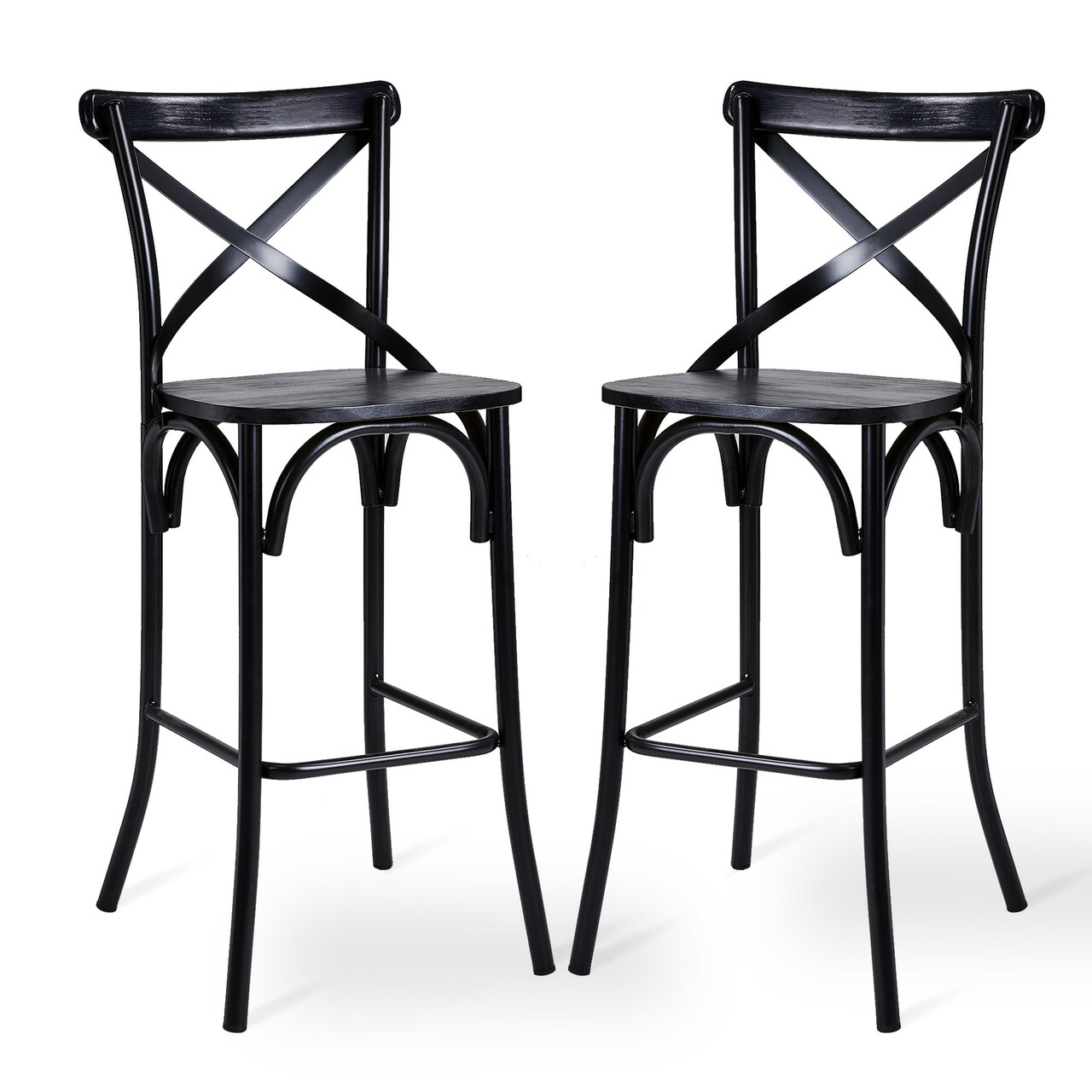 Industrial Rustic High Bar Stools With Solid Elm Wood Seat and Back Support & Bar Table With Adjustable Round